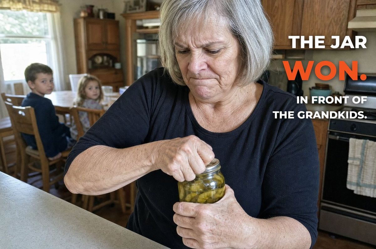 Woman unable to open a jar at the table while grandchildren watch