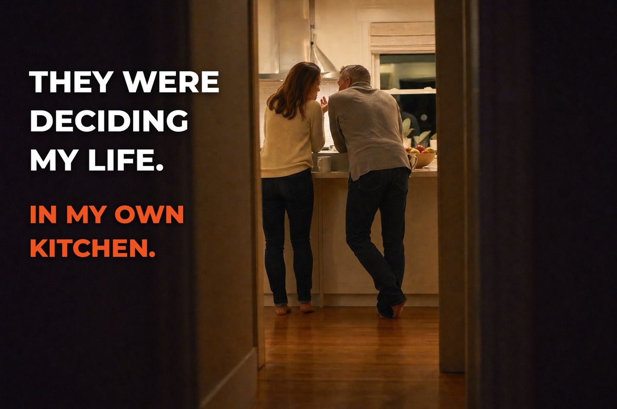 View from a dark hallway into a kitchen where family talks quietly