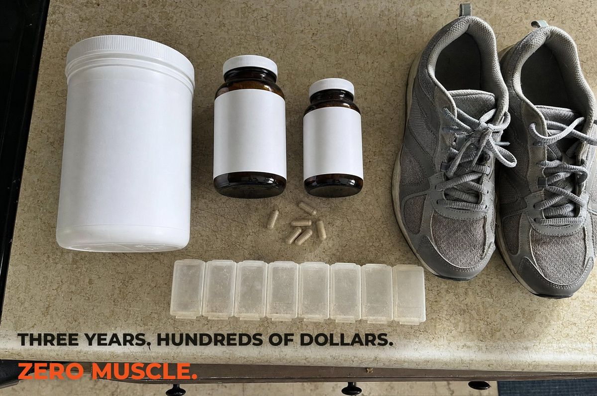 Flat-lay of supplement bottles and pill organizers that did not work