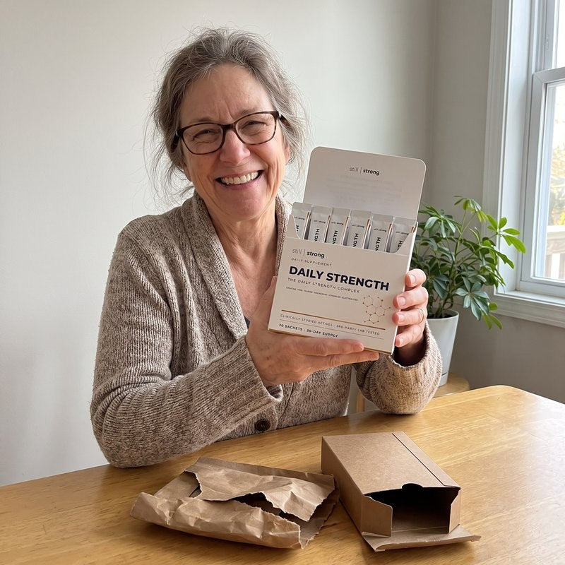 Linda at home with her StillStrong box