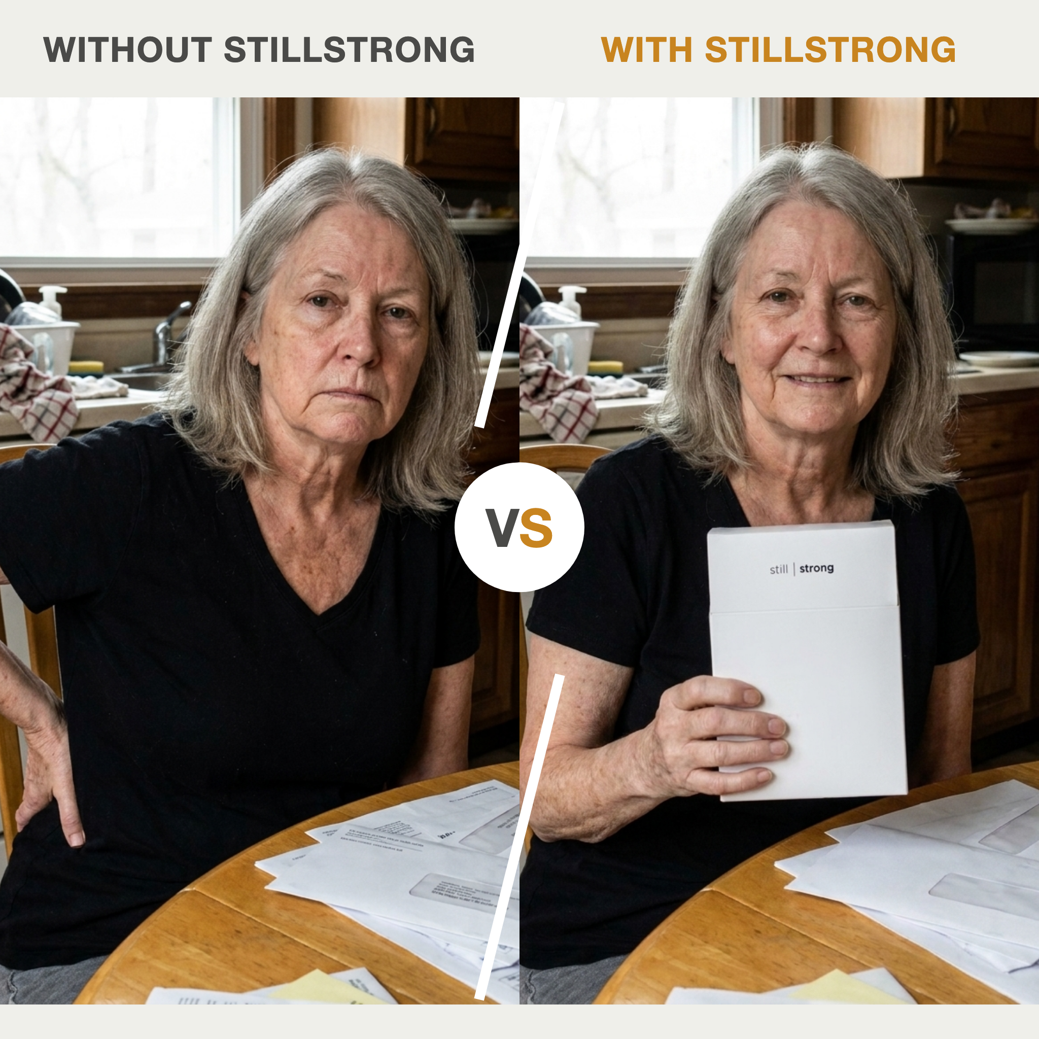 Without StillStrong vs with StillStrong — same woman, weeks apart
