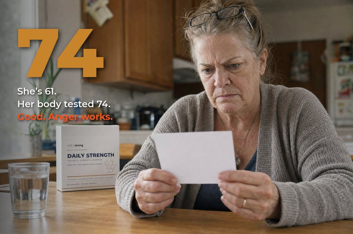 Woman holding her Strength Age result card reading 74