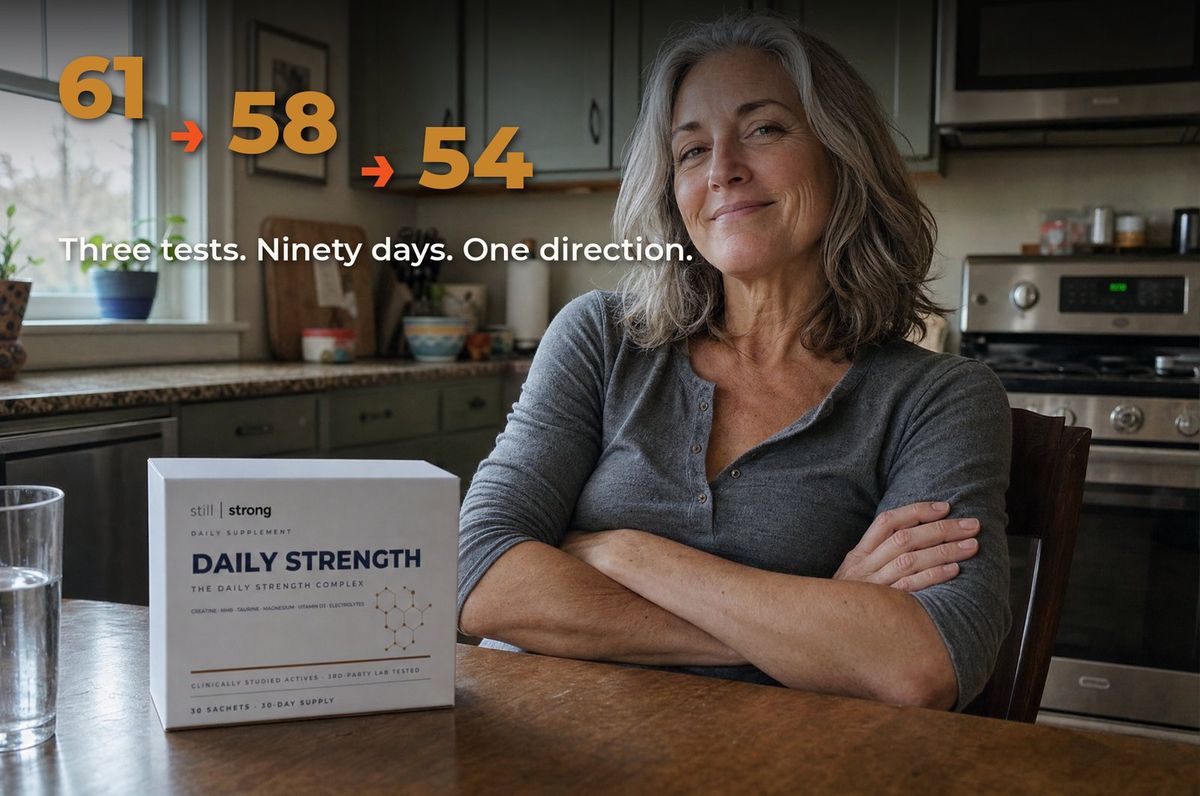 Woman with arms crossed beside Strength Age results 61, 58, 54