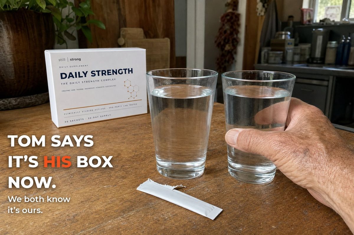 Two glasses of water and a StillStrong box on a kitchen counter