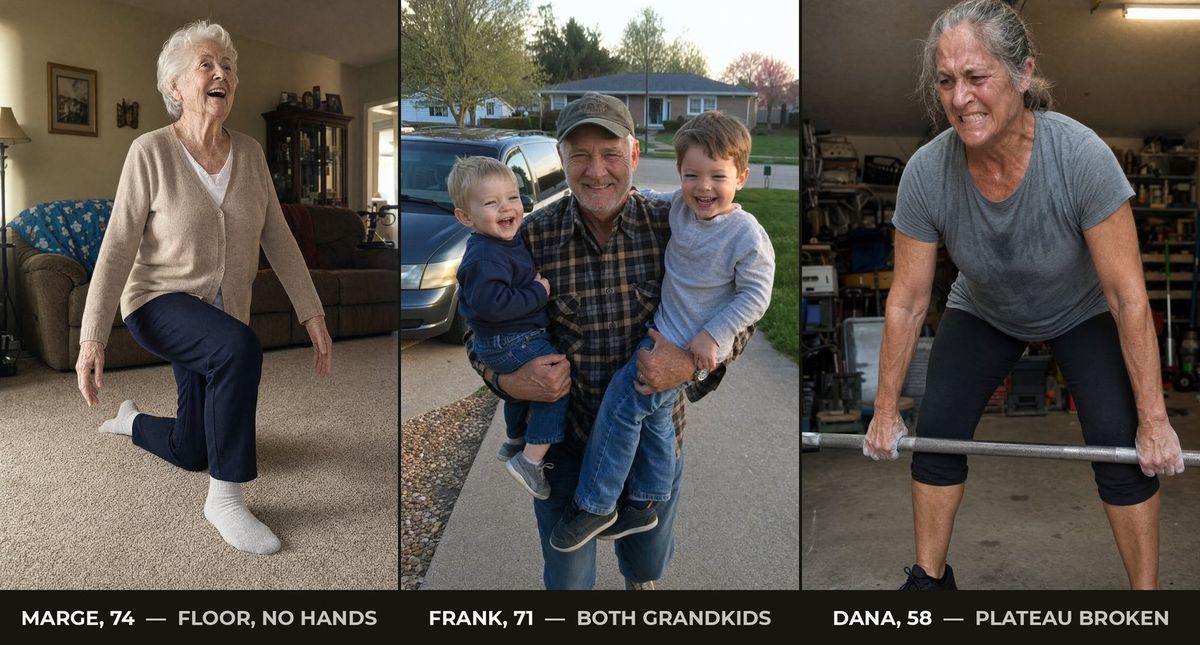 Three panels: woman rising from the floor, man carrying two grandchildren, woman lifting a barbell