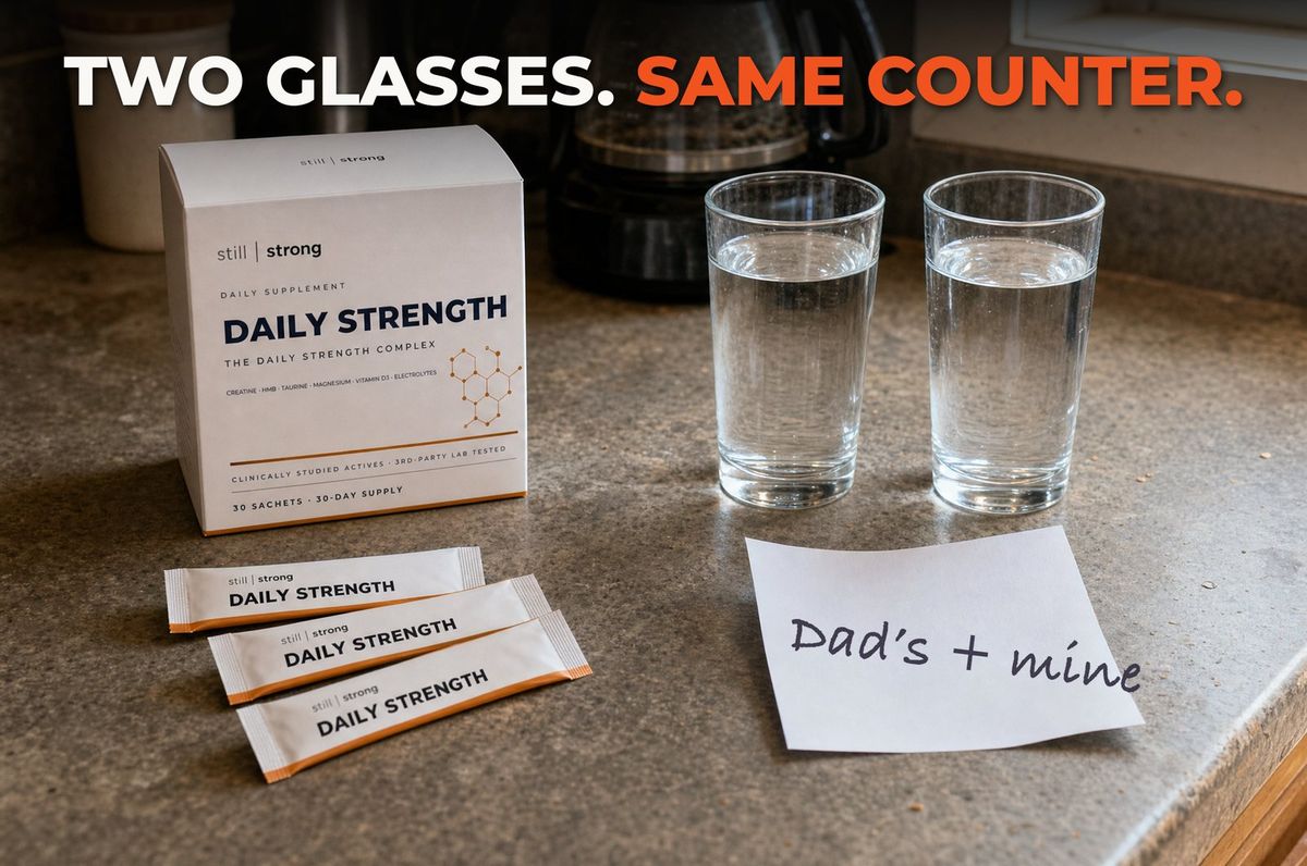 StillStrong box with sachets, two glasses and a handwritten note reading Dad's + mine