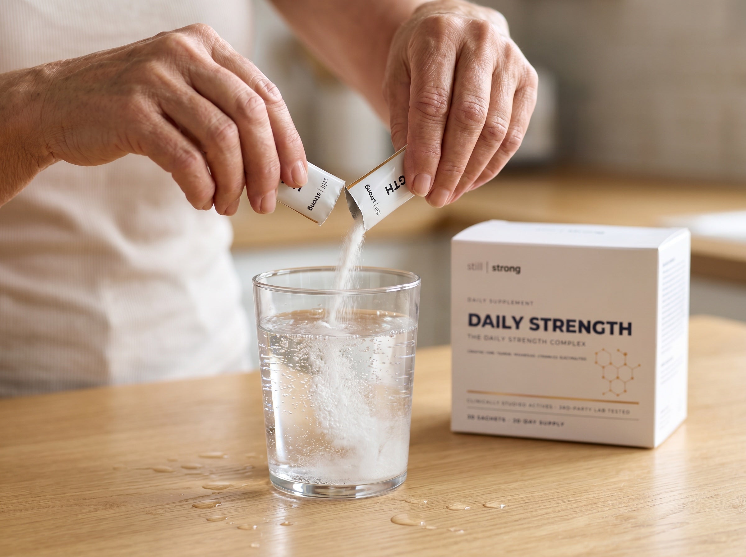 Pouring a StillStrong sachet into a glass of water