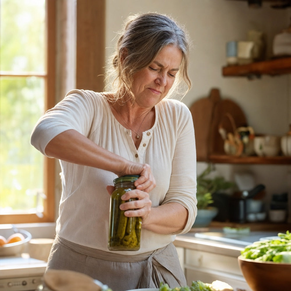 A woman struggling with a jar lid