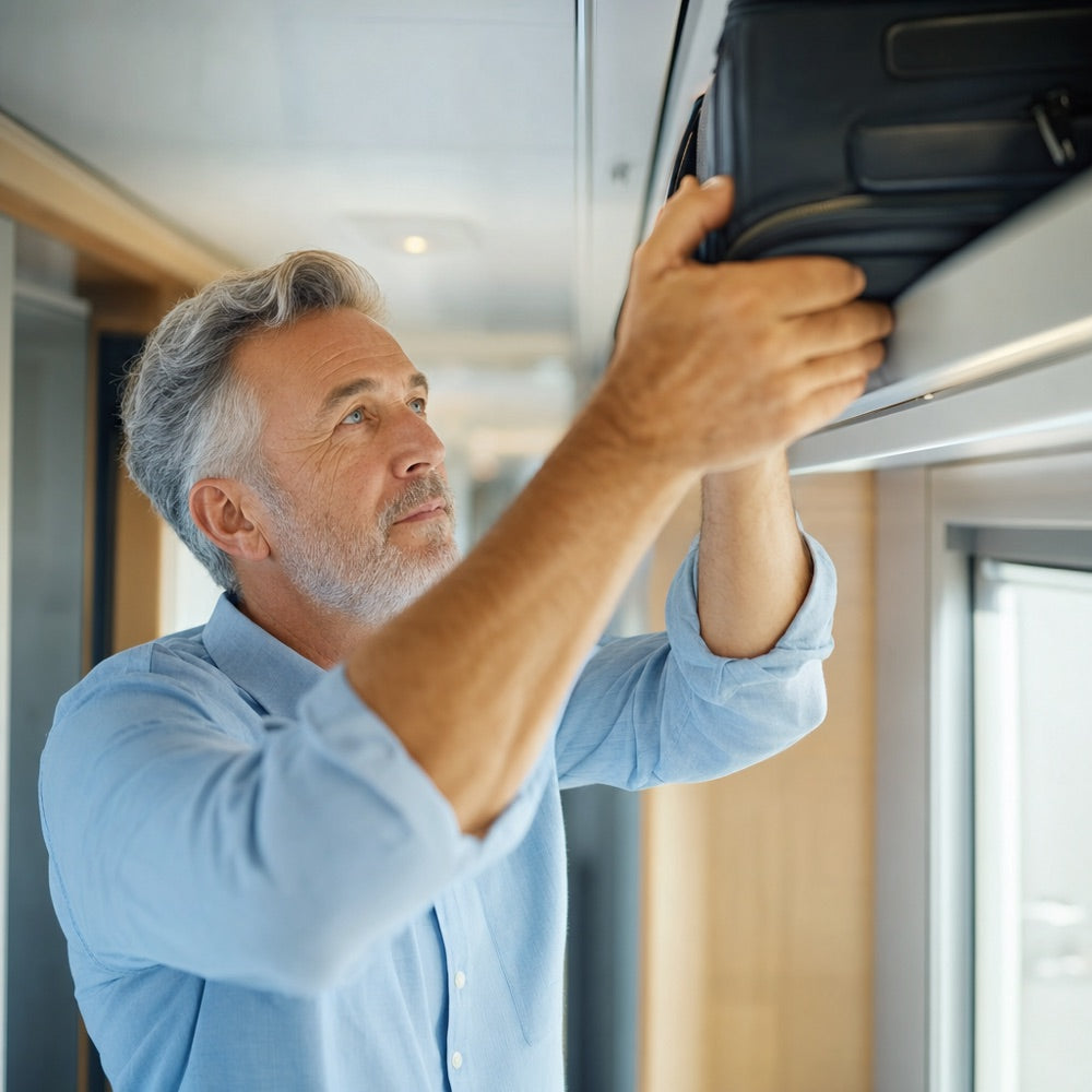 A man lifting a bag overhead