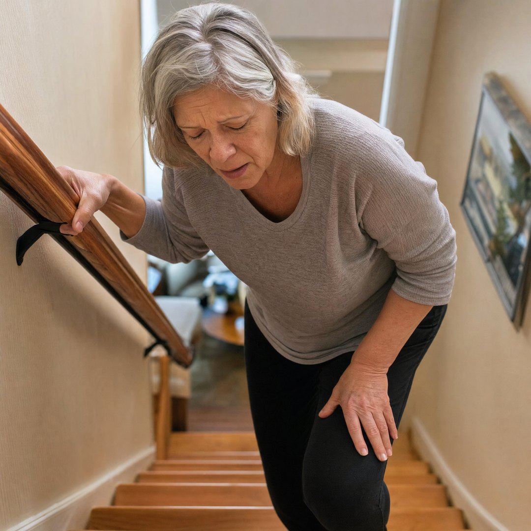 Older woman struggling on the stairs