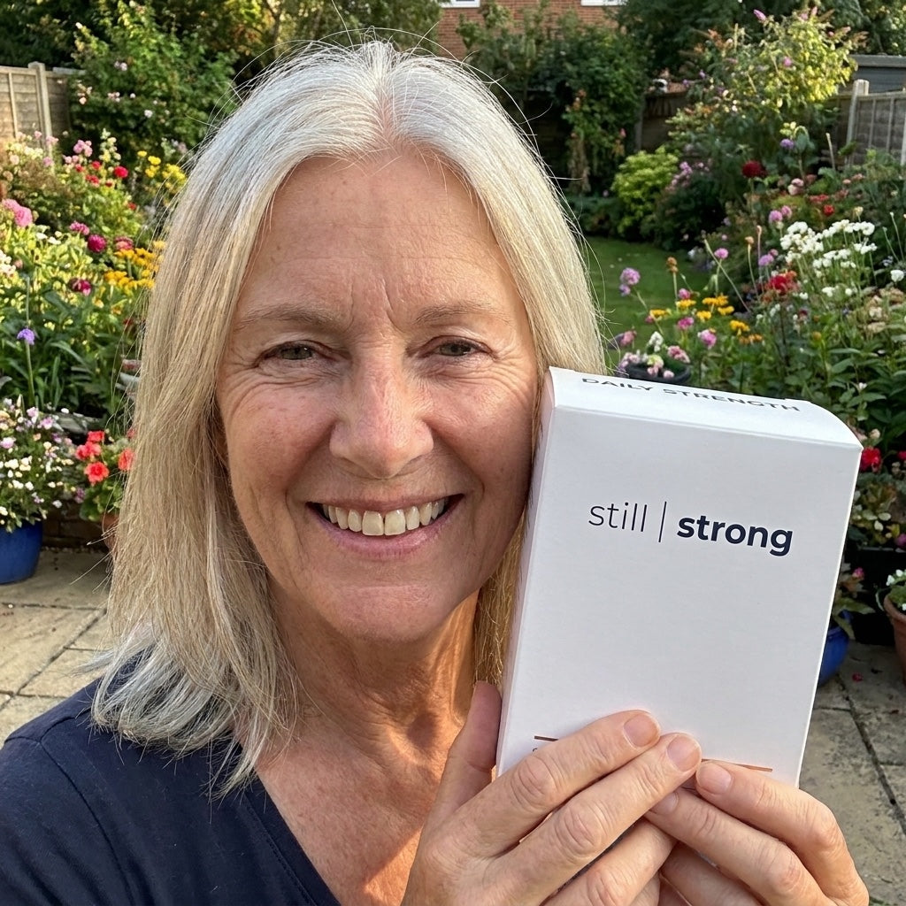 Happy StillStrong customer on her garden patio