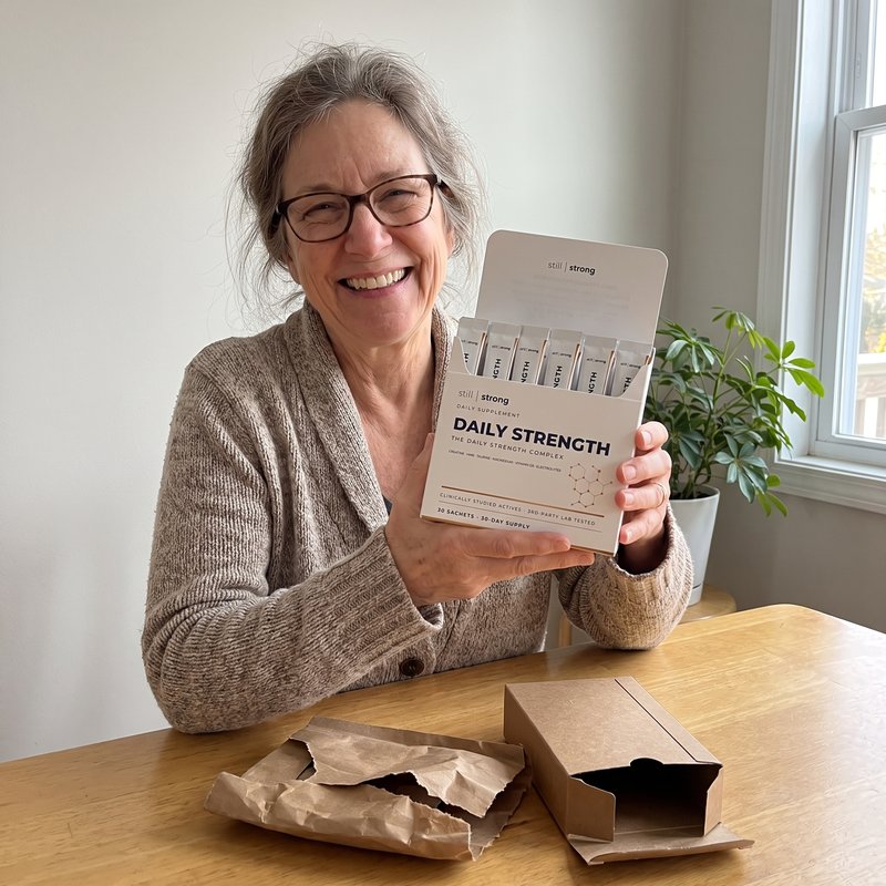 StillStrong customer Susan, 61, unboxing her Daily Strength delivery at the kitchen table