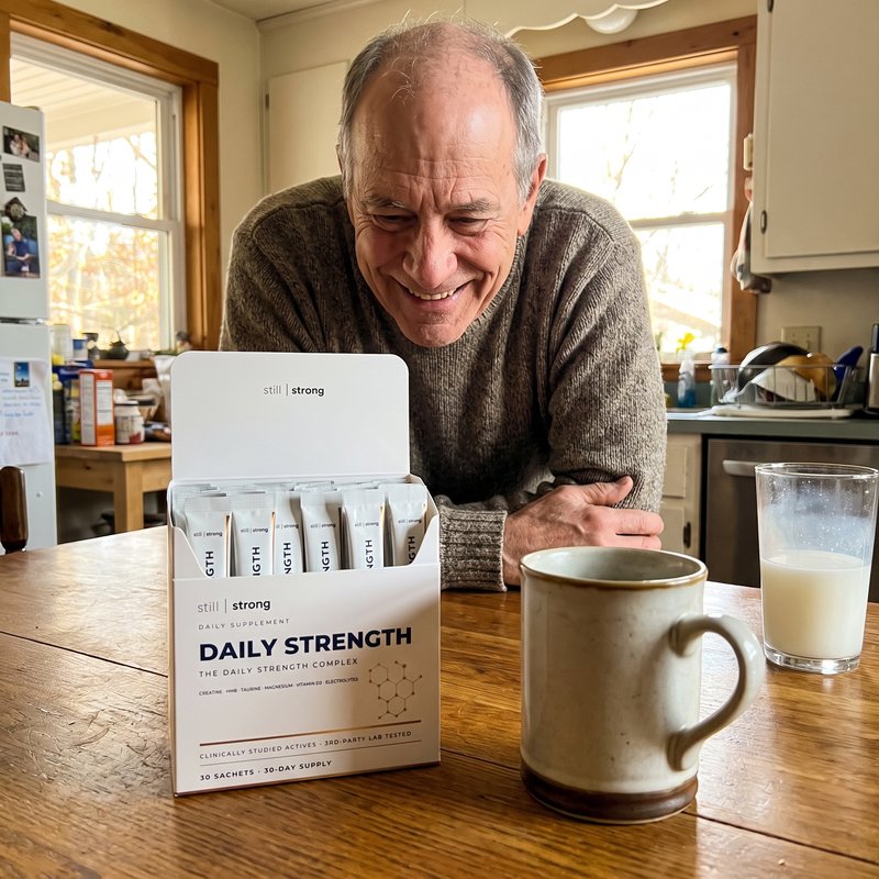 StillStrong customer Frank, 66, with his Daily Strength box and morning drink at the breakfast table