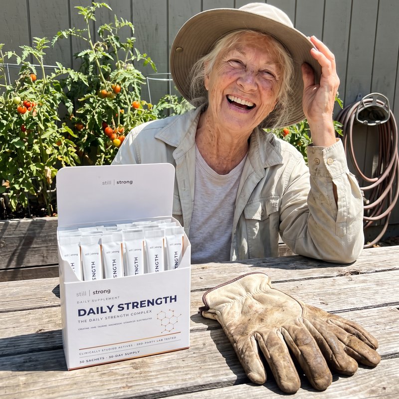 StillStrong customer Margaret, 72, with her Daily Strength box on the garden table