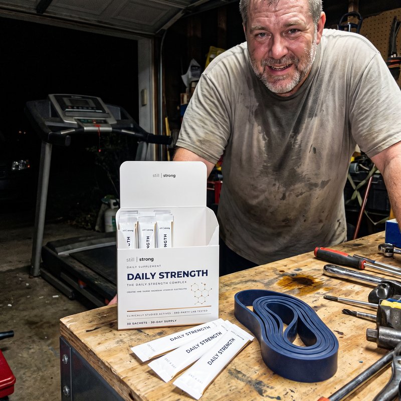 StillStrong customer Tom, 58, with his Daily Strength box and sachets on the garage workbench after a workout